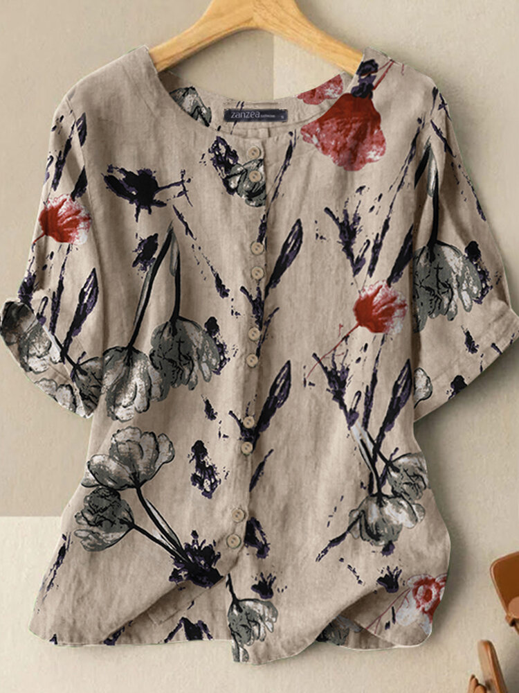 Blusa casual com estampa de flores e botões frontais manga curta gola redonda