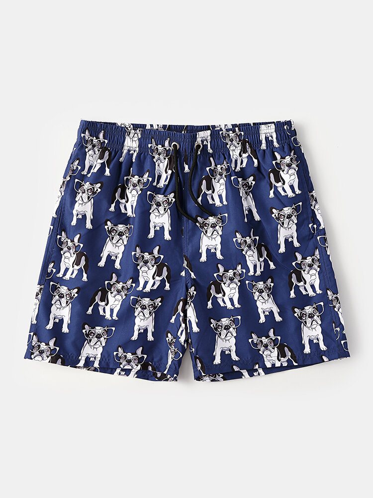 Blue Glasses Dog Print Beach Swim Trunks Holiday Board Shorts With Mesh Lining & Pockets