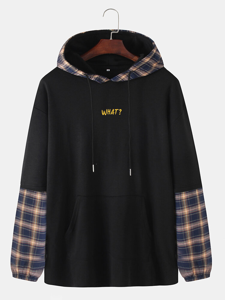 Mens Plaid Patchwork Letter Print Doctor Sleeves Casual Loose Hoodies With Muff Pocket