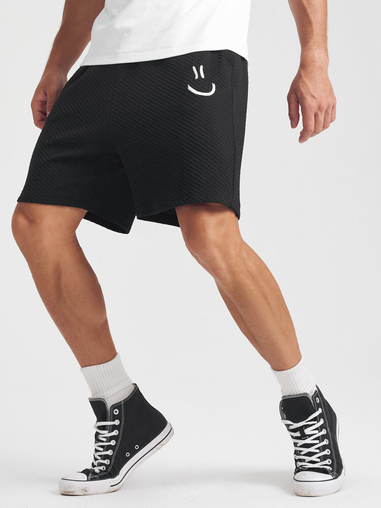 Mens Smile Face Embroidered Texture Preppy Drawstring Shorts