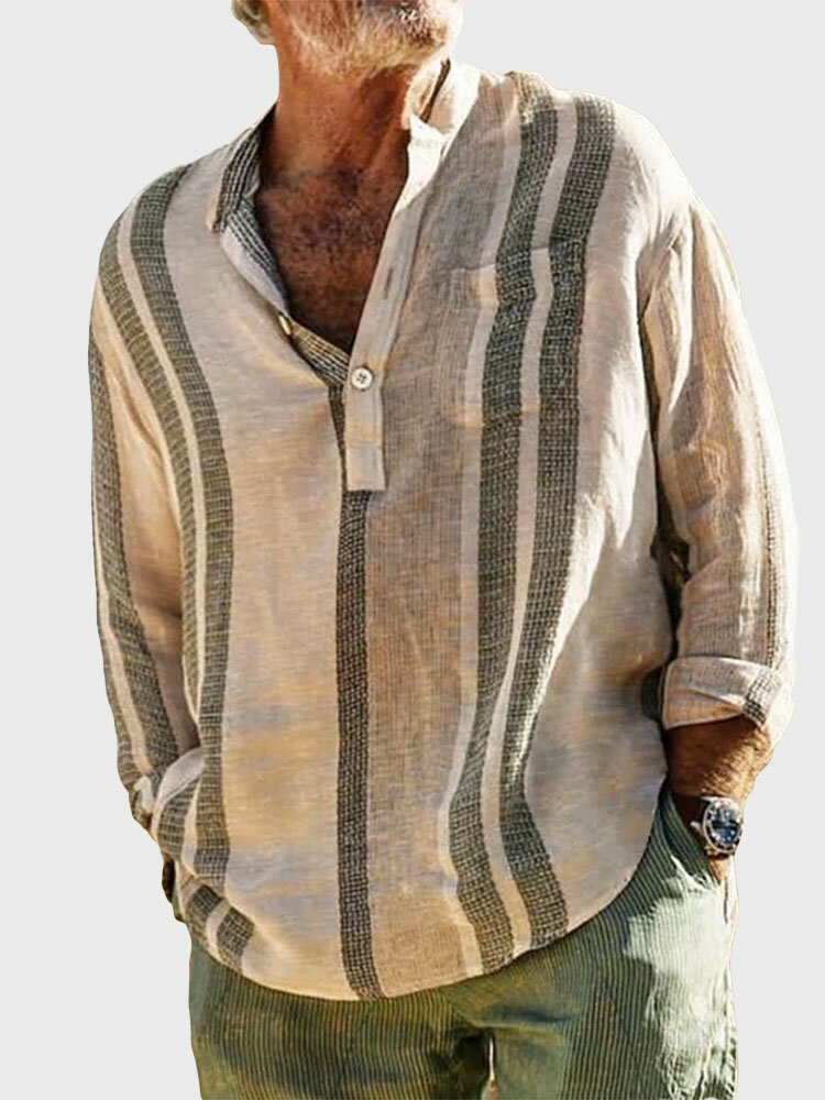 

Mens Stripe Print Stand Collar Casual Long Sleeve Henley Shirts, Khaki