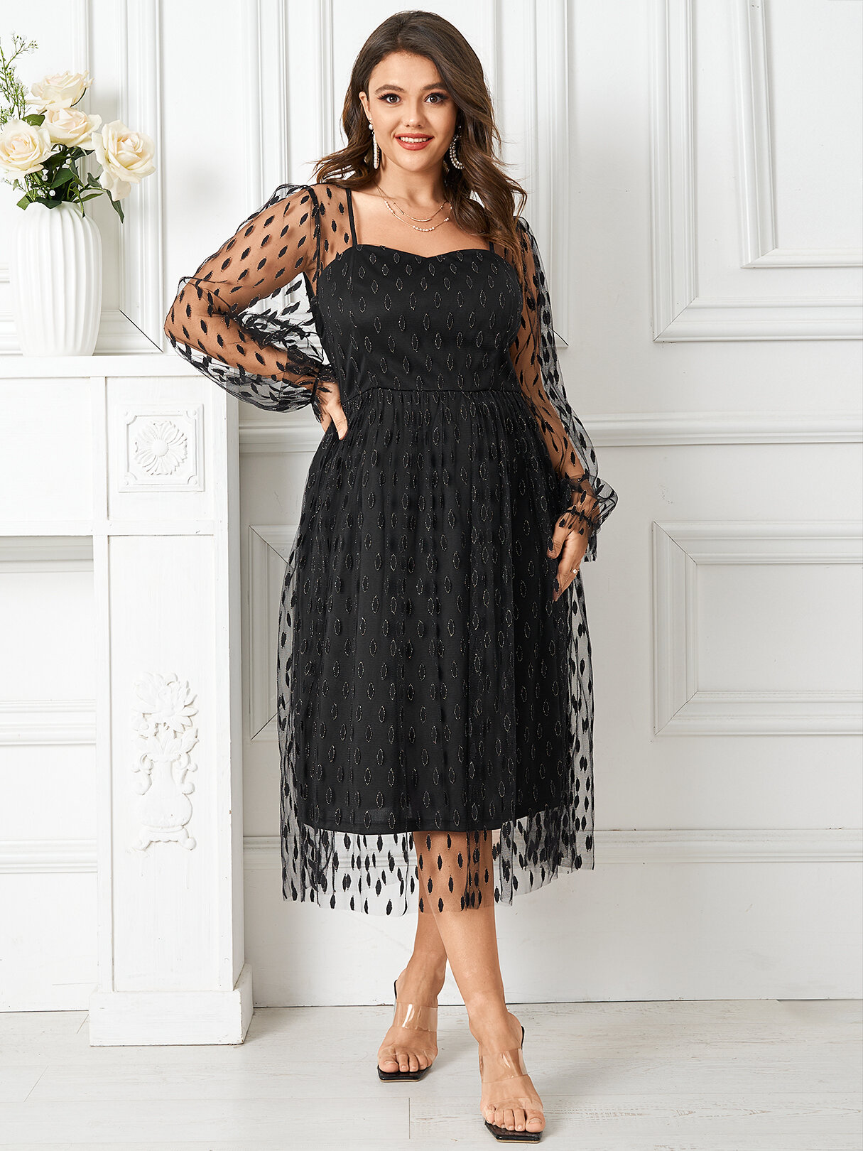 

Plus Size Mesh Square Collar Long Sleeve Casual Overlay Dress, Black