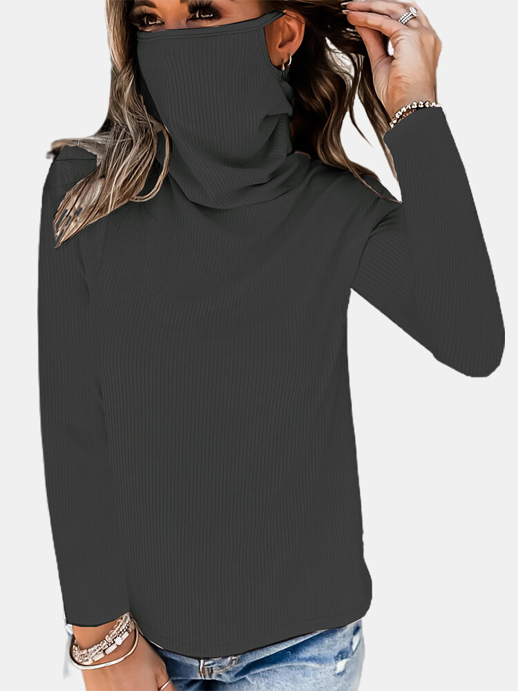 Solid Color Long Sleeve Pile Neck Mask Sweater For Women