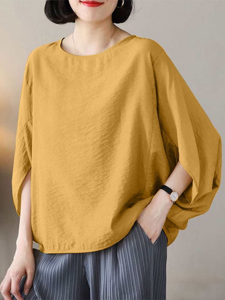Women Solid Crew Neck Dolman Sleeve Casual Blouse