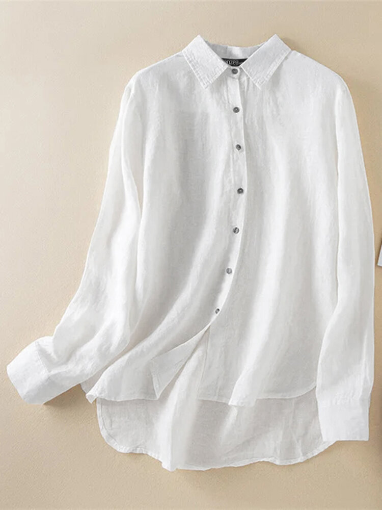 Solid Long Sleeve Button Front High-low Hem Lapel Shirt