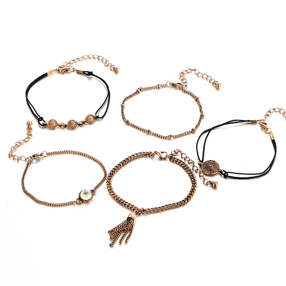 5 Pcs Anklets Set Vintage Tassels Beads Round Simple Gold Chains Bracelets Anklets Gifts For Women