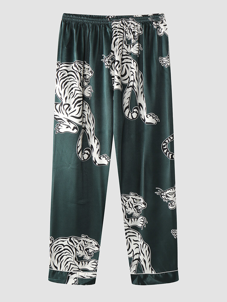 Men Tiger Print Smooth Elastic Waist Ankle Length Home Pajama Pants
