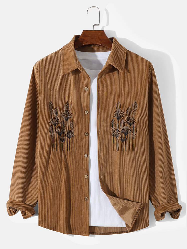 Mens Floral Embroidered Corduroy Long Sleeve Front Buttons Shirts