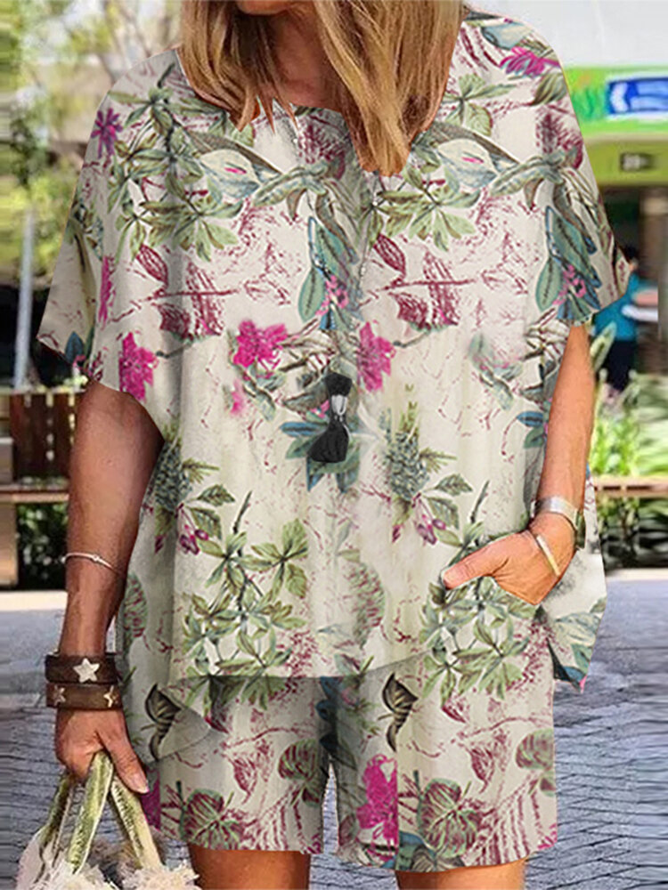 Zweiteiliger Damen-Anzug mit Allover-Pflanzen-Print und Tasche