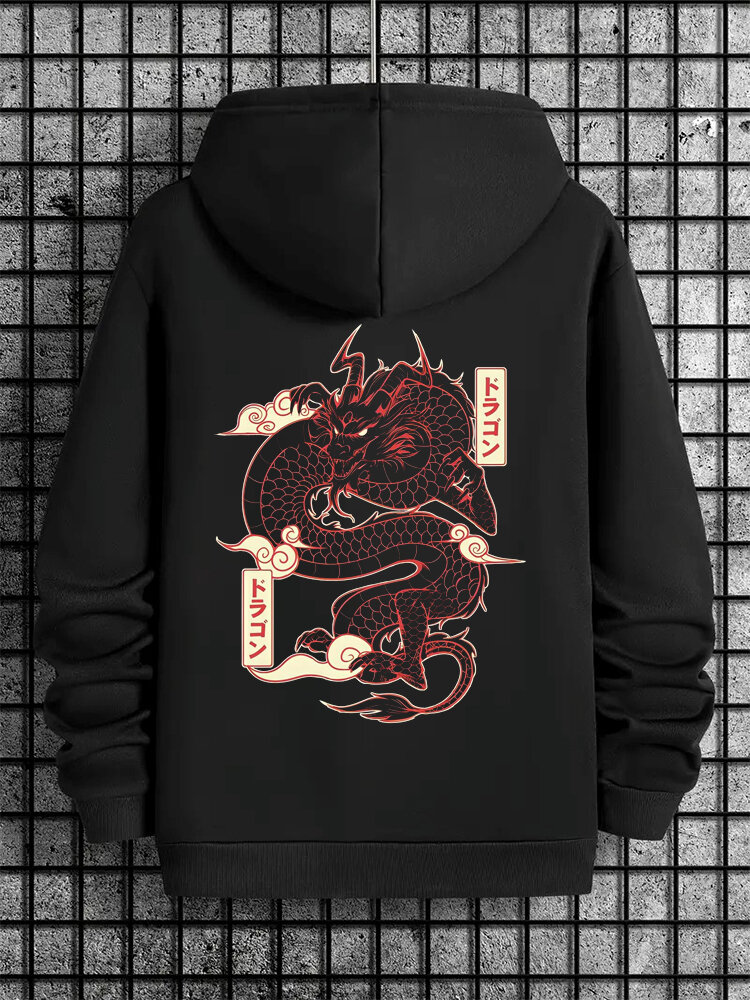

Mens Japanese Dragon Back Print Loose Long Sleeve Hoodies Winter, Black