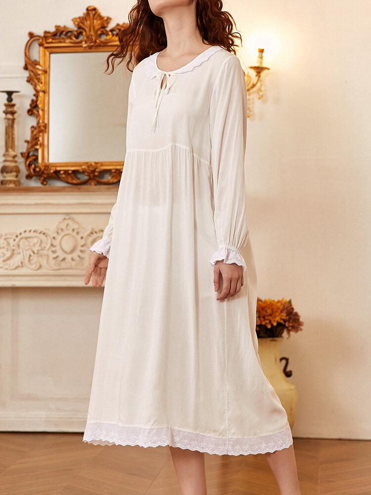 

Women Cotton Tie Neck Lace Trims Long Flounce Sleeve Lounge Midi Nightdress, White
