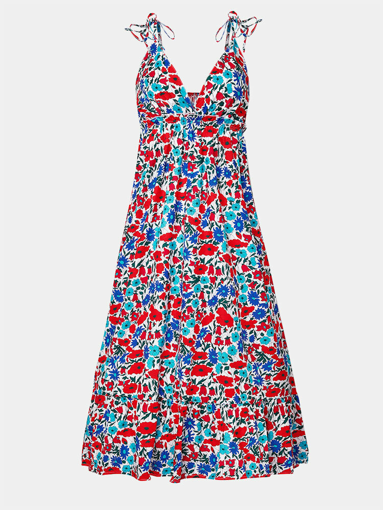 Summer Holiday Strap Knotted Backless V-neck Floral Print Sexy Dress