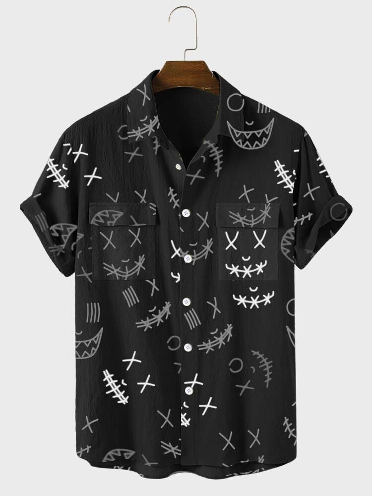 पुरुषों के लिए ऑलओवर फनी स्माइल फेस प्रिंट फ्लैप पॉकेट शॉर्ट स्लीव शर्ट