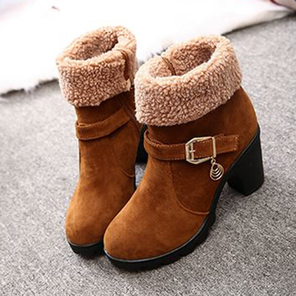 New Trendy Sweet Lamb Wool Zipper Square Heel Ankle Winter Boots For Women