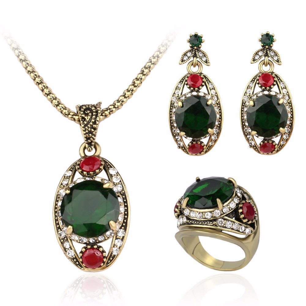 Luxury Pendant Jewelry Set Green Gemstone Rhinestone Ring Necklaces Earring Ethnic Jewelry for Women
