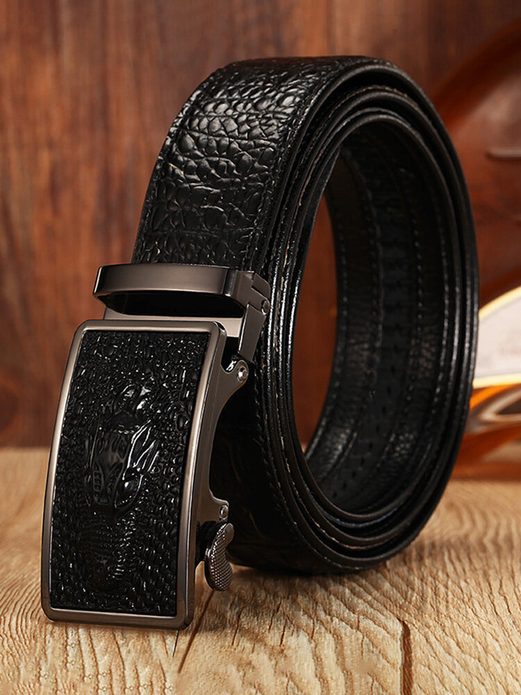 Men Cow Leather Solid Color Alligator Pattern Engraved Crocodile Alloy Automatic Buckle Casual Business Belt