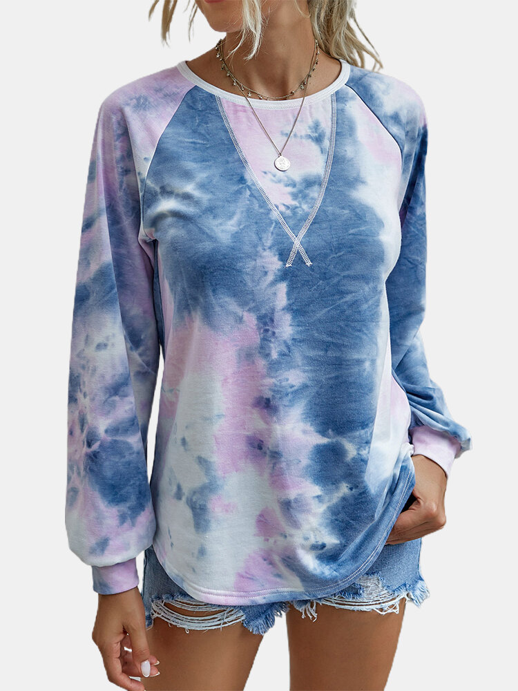 Tie-dyed Print O-neck Long Sleeves Casual Sweatshirt For Women