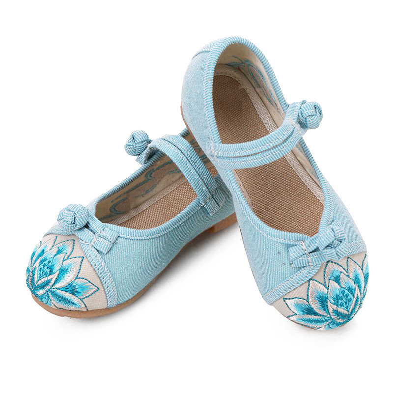 Girls Folkways Embroidered Flower Buckle Casual Flat Cloth Shoes