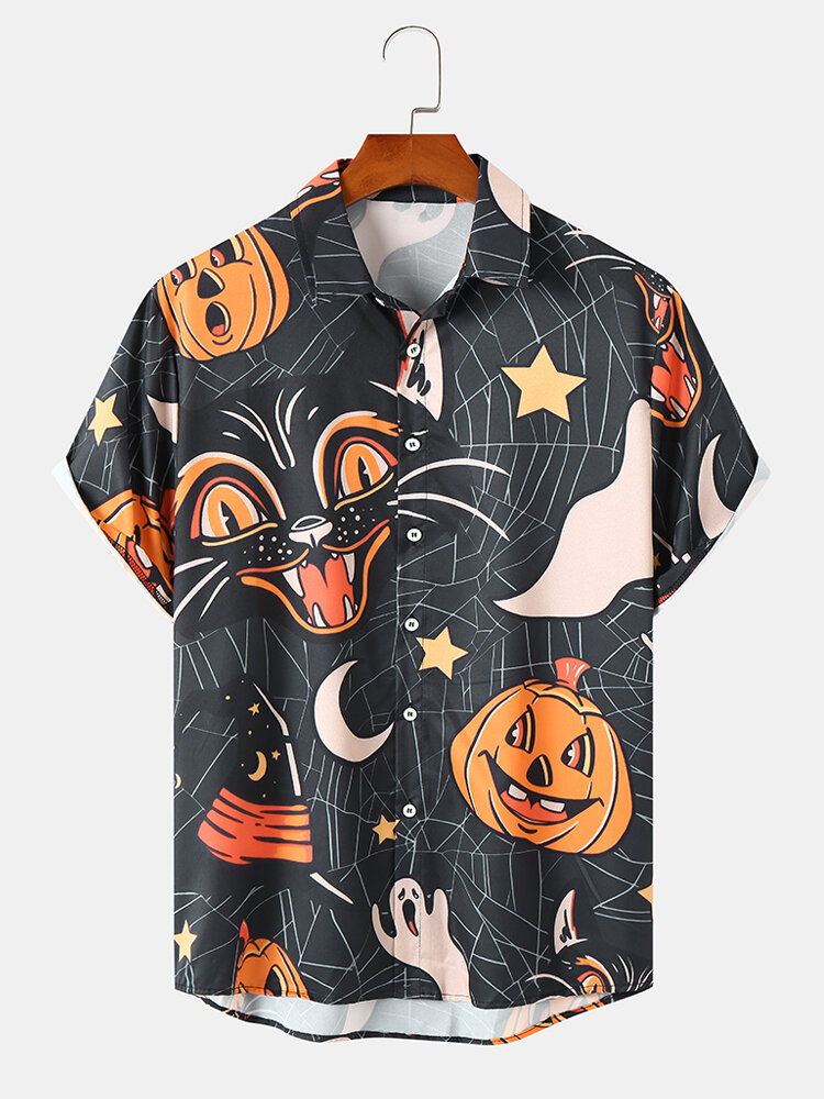 

Mens Halloween Cat & Pumpkin Illustration Buttons Short Sleeve Shirts, Black