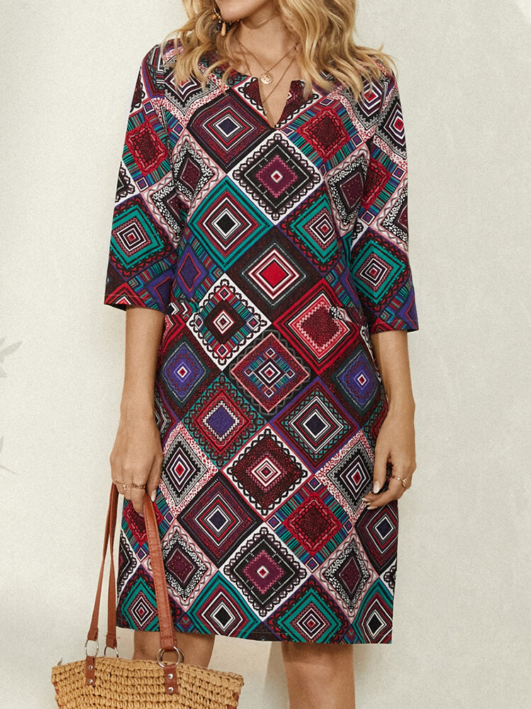 Ethnic Geometric Print 3/4 Sleeve Vintage Dress For Women