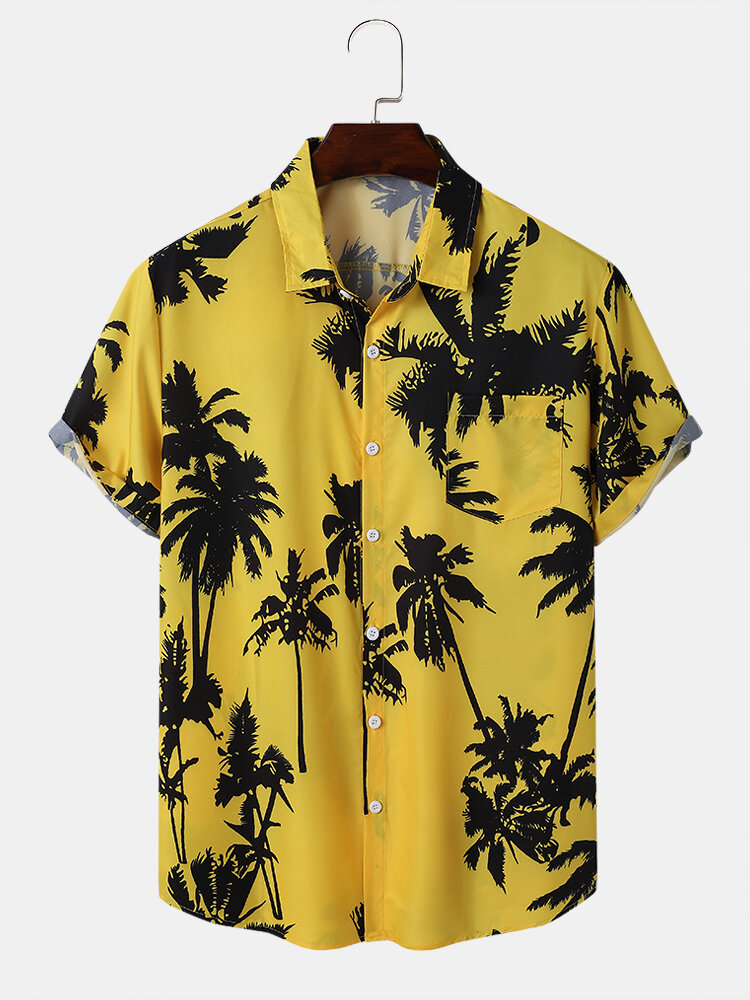 Mens Holiday Coconut Tree Printed Plain Beach Short Sleeve Shirt