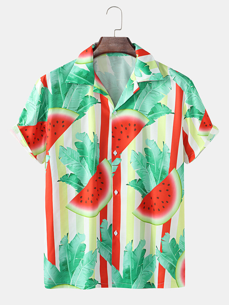 Mens Watermelon & Leaf Print Revere Collar Holiday Short Sleeve Shirts