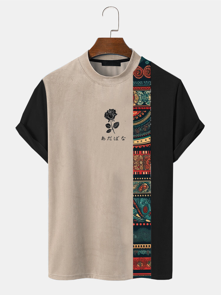 Herren-Patchwork-Kurzarm-T-Shirts mit japanischem Rosen-Ethnomuster