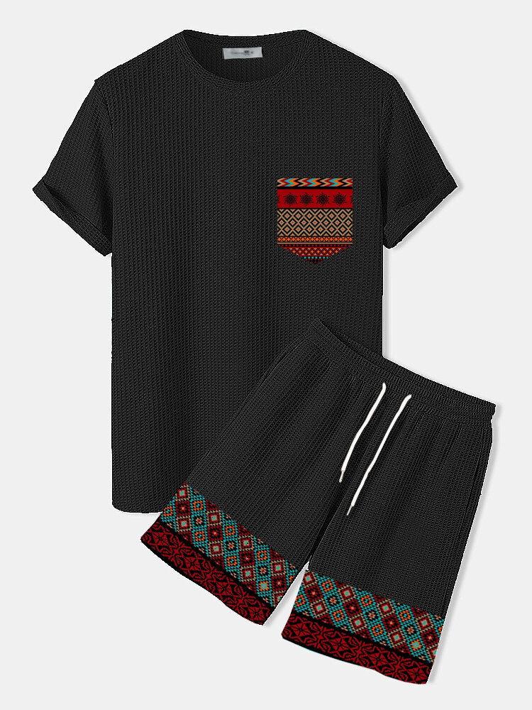 Mens Tribal Pattern Patchwork Knit Drawstring Two Pieces Outfits