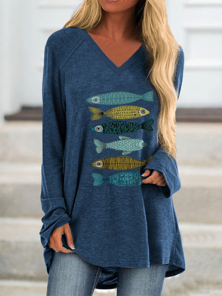 Casual Print Fish Long Sleeve Overhead Long T-shirt