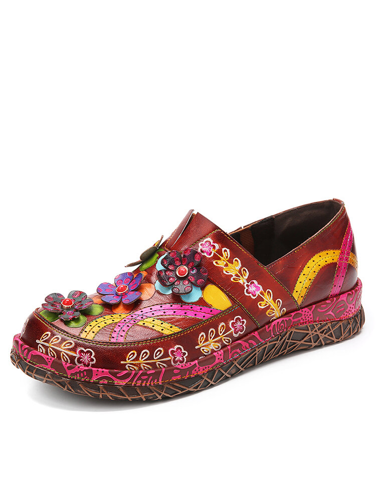 Socofy Genuine Leather Hand Made Retro Ethnic Floral Embellished Elastic Slip-On Comfortable Flat Shoes