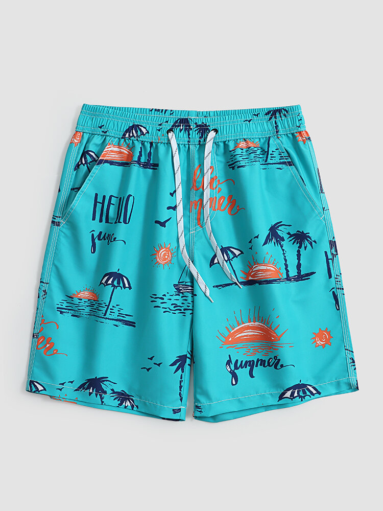 Men Scenery & Letter Graffiti Print Swimwear Wide Legged Loose Fit Quick Dry Board Shorts