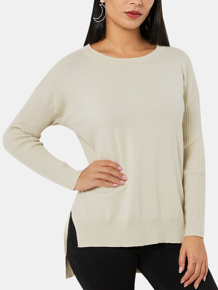 Solid Color Slit Back Criss Crossed-design Long Sleeve Casual Sweater