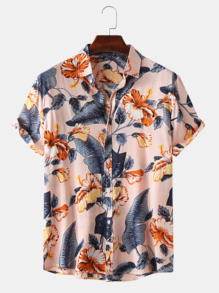 Mens Lovely Oil Print Leaf and Flowers Turn Down Collar Short Sleeve Shirts