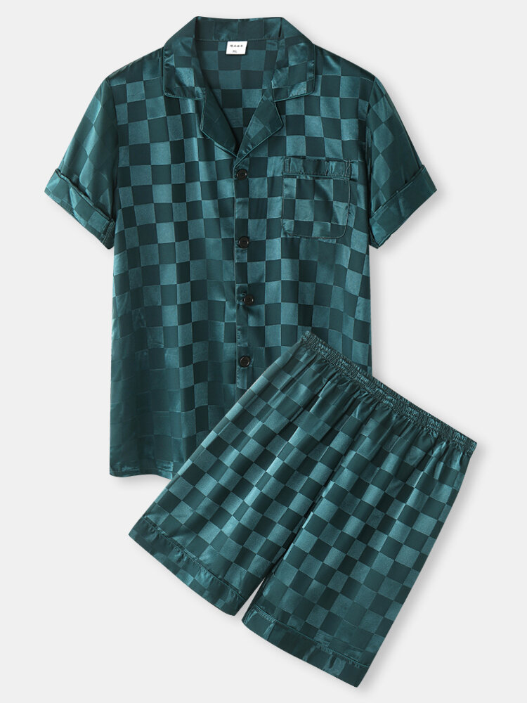 Set pigiama da uomo in raso con colletto reversibile a scacchi