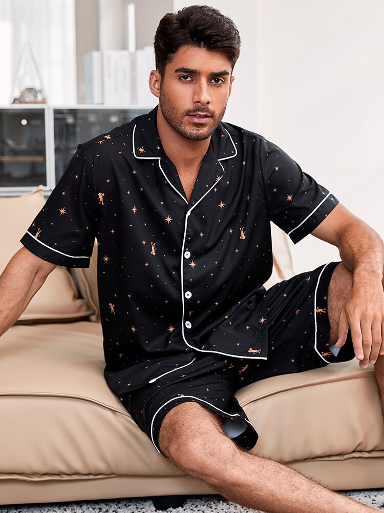 Star Pattern Cozy Sleepwear Set Two Pieces Summer Soft Lapel Collar Pajamas Set in Black