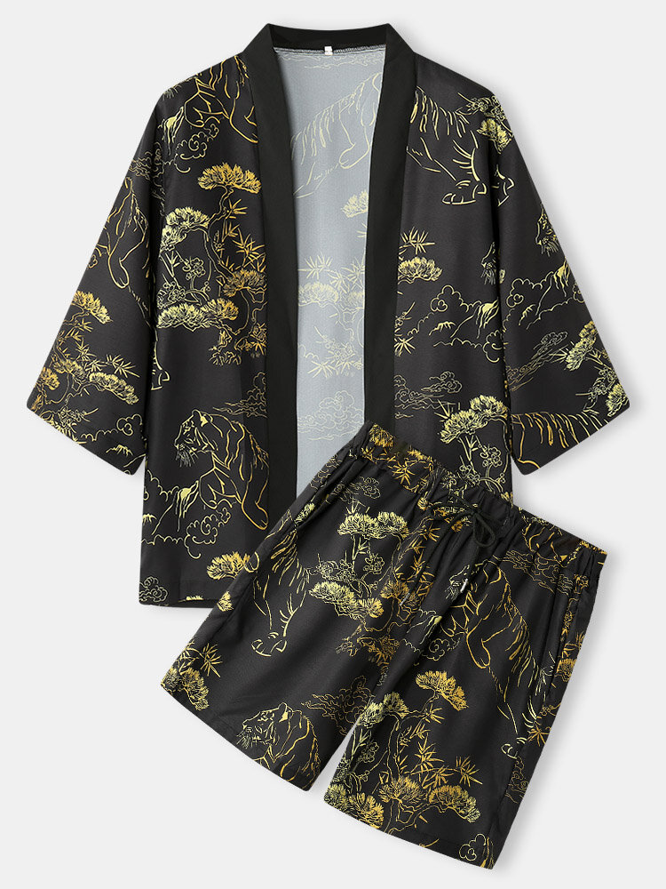 Mens All Over Jungle Print Kimono Drawstring Shorts Street Two Pieces Outfits