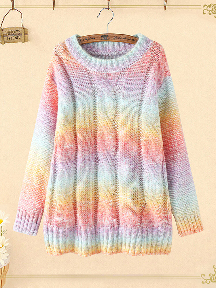 Вязаный свитер с градиентом цвета радуги Plus Размер Crew Шея Пуловер Свитер