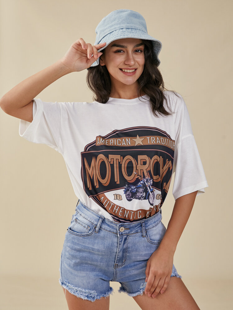 Motorcycle Letter Graphic Loose Casual Short Sleeve T-shirt