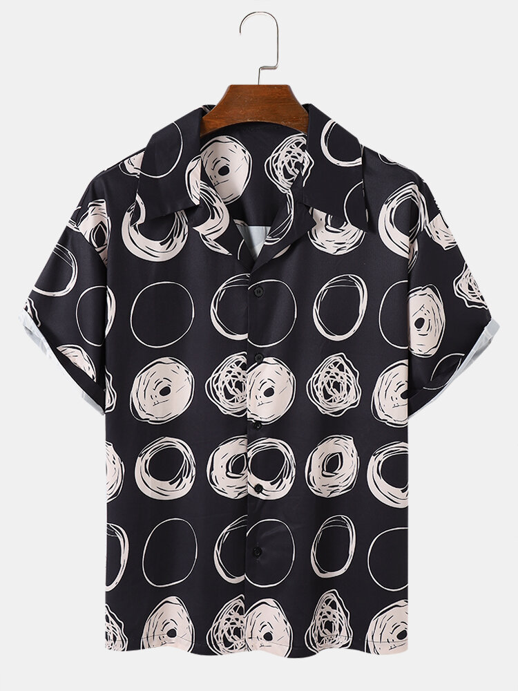 Mens Circle Sketches Print Buttons Short Sleeve Shirts