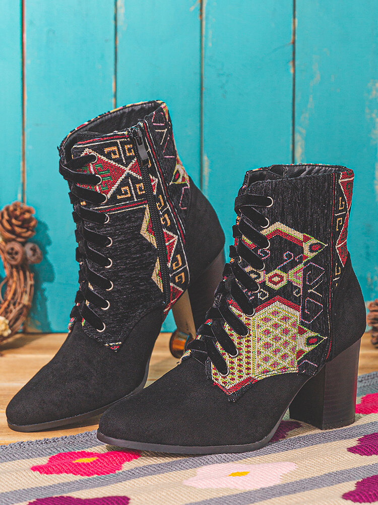 Women Casual Ethnic Pattern Side-zip Comfy Chunky Heel Short Boots