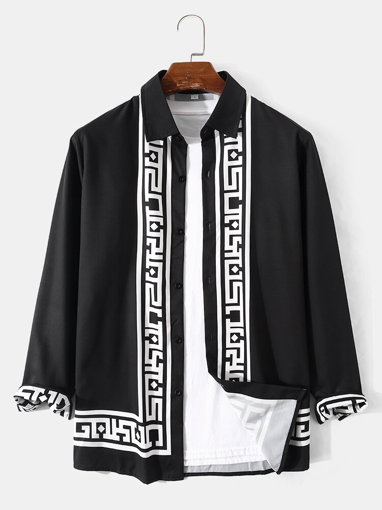 Mens Monochrome Baroque Print Button Up Casual Long Sleeve Shirts