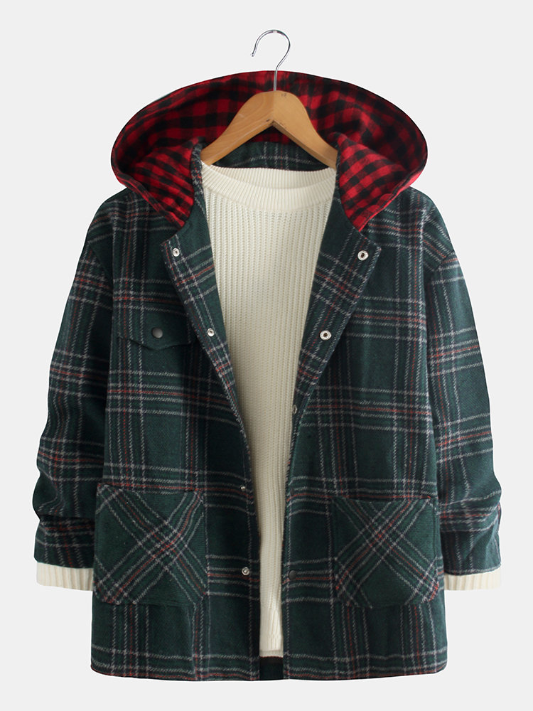 Abrigo de chaqueta con capucha de lana de manga larga a cuadros casual para hombre