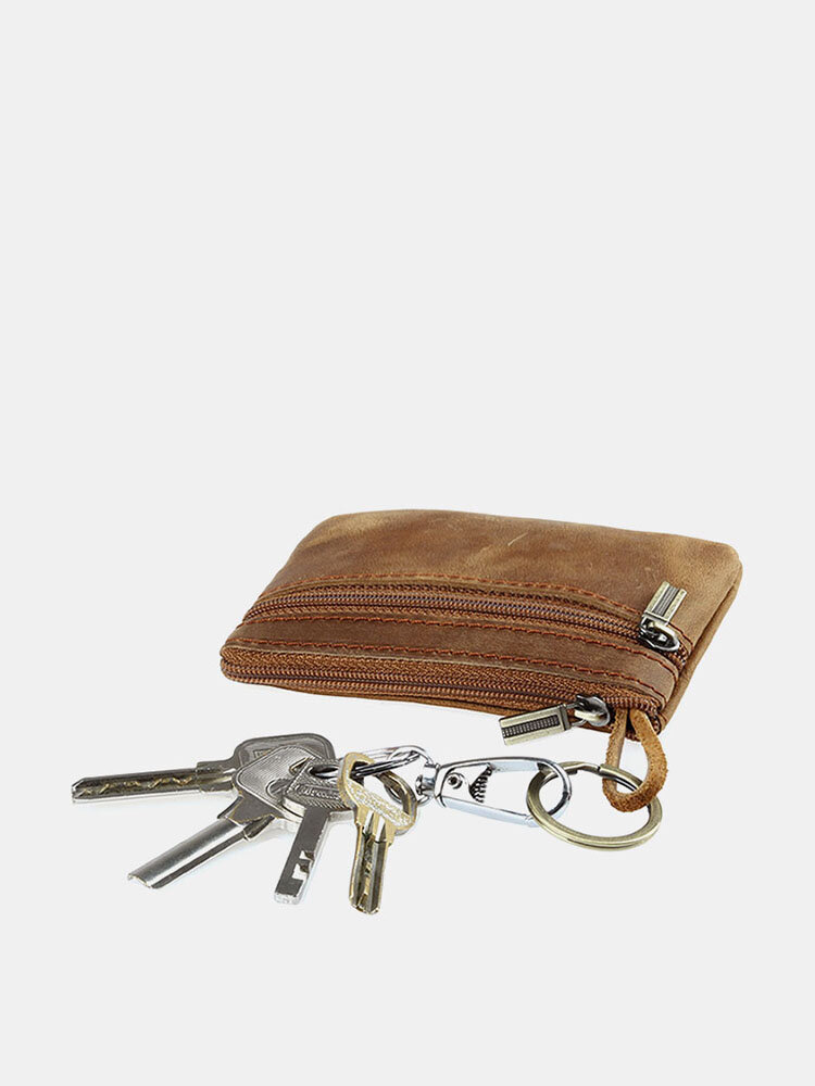 Men EDC Vintage Genuine Leather Cow Leather Coin Purse Case Money Clip Keychain Bag
