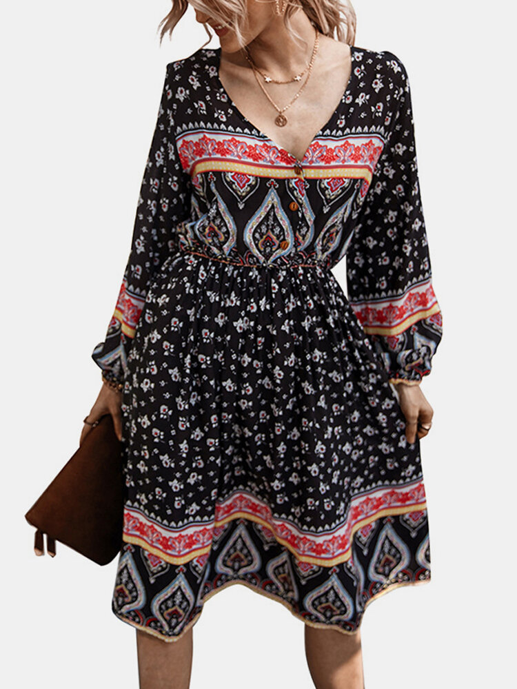 Bohemian Printed V-neck A-line Long Sleeve Mini Dress
