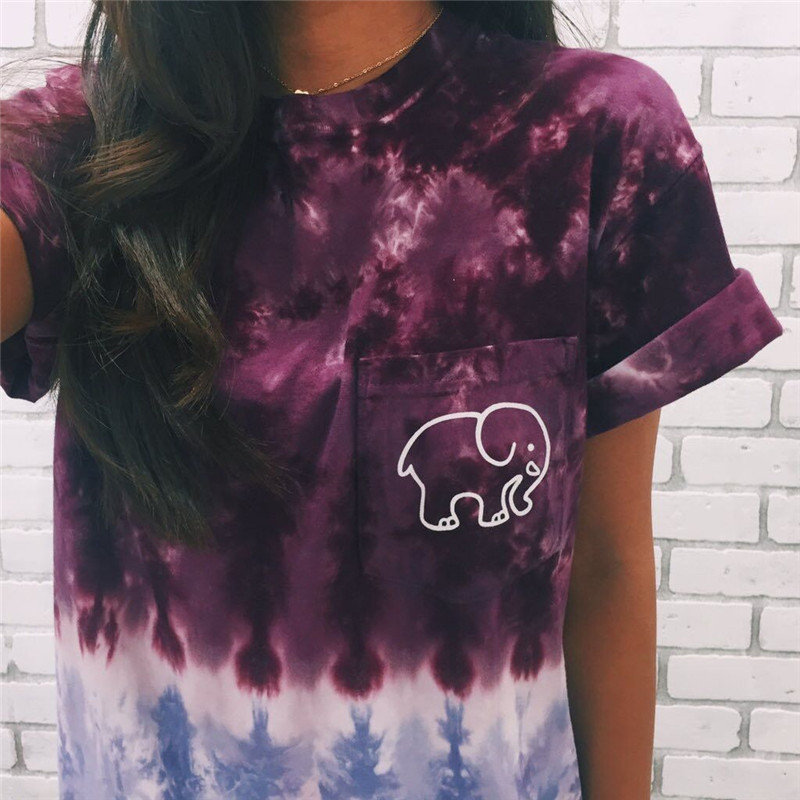 Short-sleeved Original Printed Elephant Print Colorful Bottom Cloth Pocket Decoration Explosions T-shirt