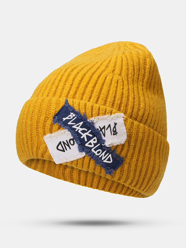 Unisex Knitted Solid Color Letter Raw Edge Patch Flanging All-match Warmth Beanie Hat