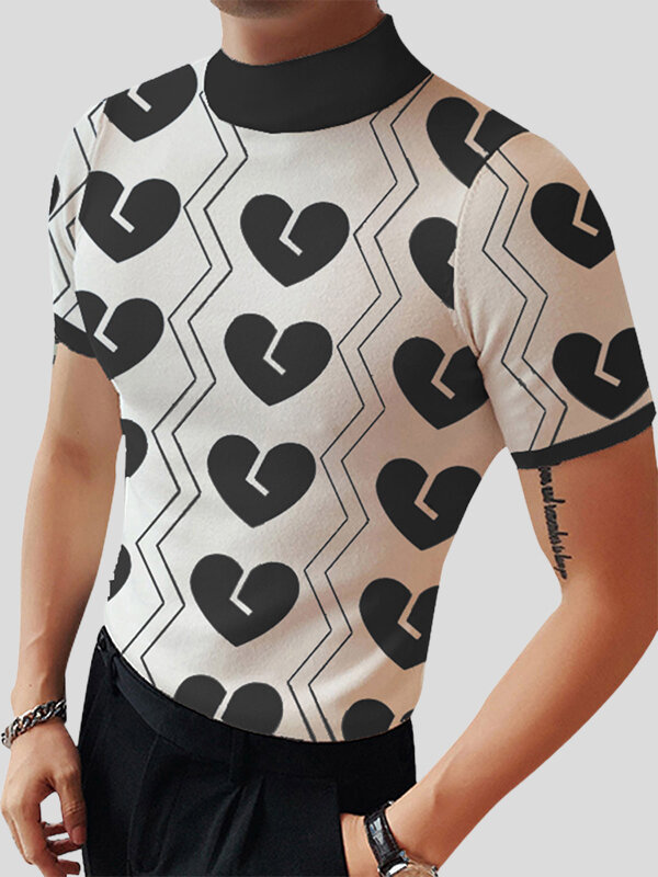 Mens Heart Print Half-Collar Short Sleeve T-Shirt
