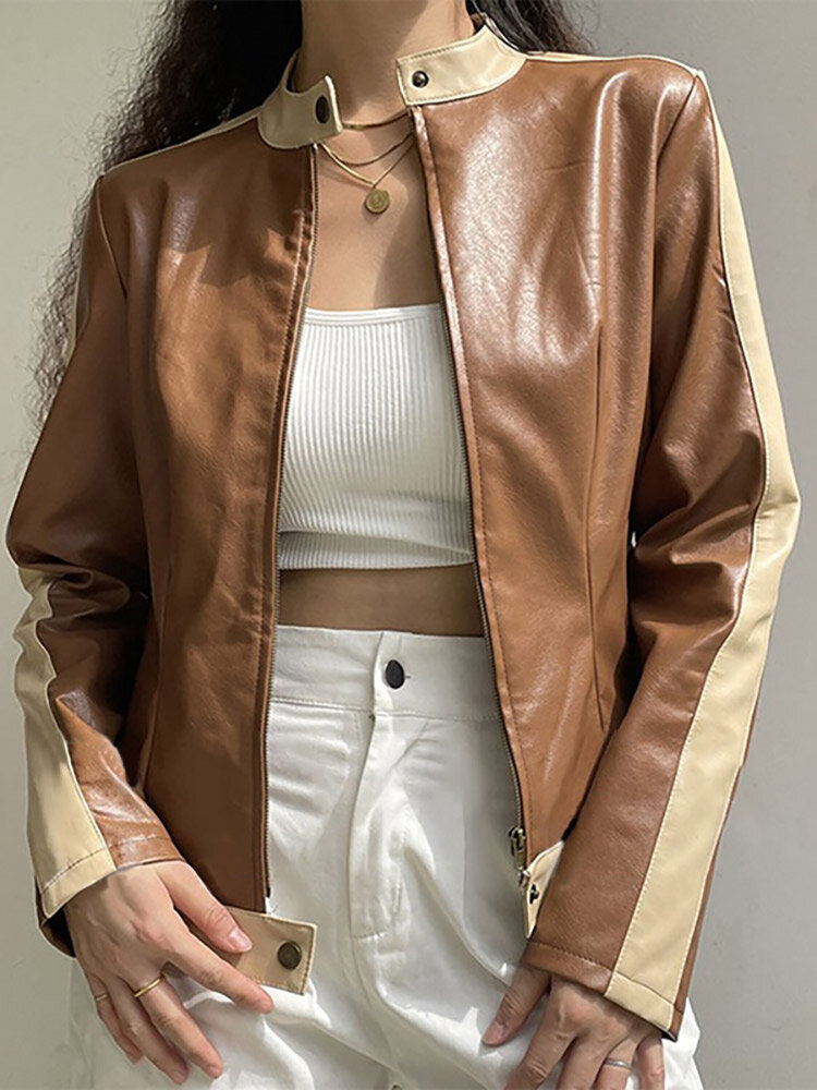 ZANZEA Contrast PU Leather Zip Front Long Sleeve Jacket