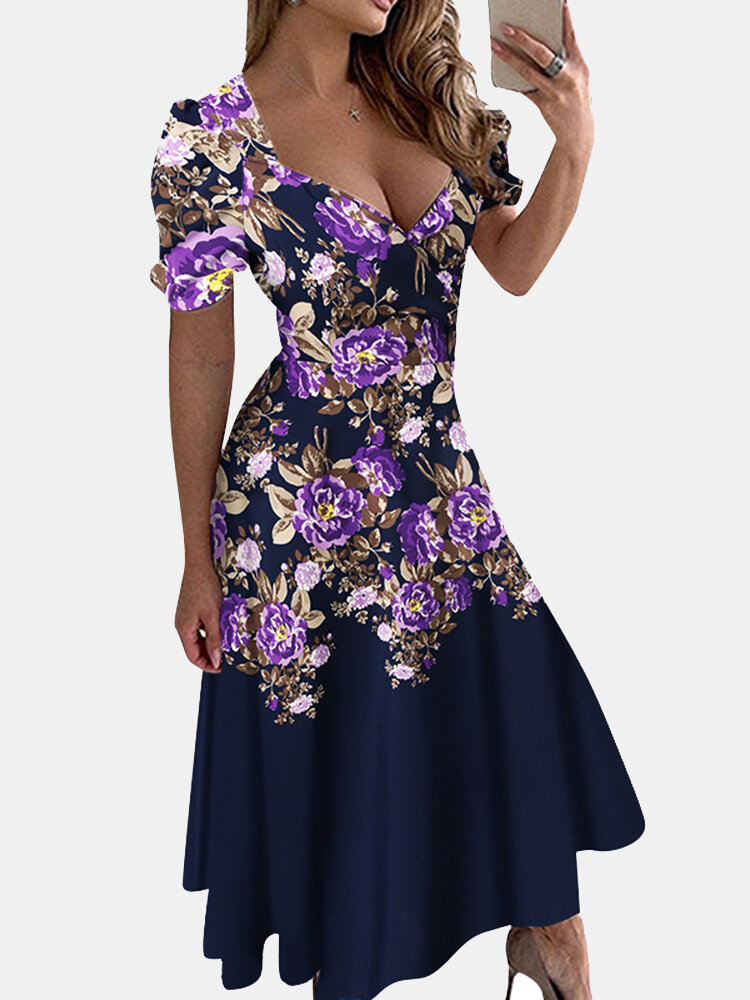 Flower Print Wrap V-neck Short Sleeve A-line Midi Dress