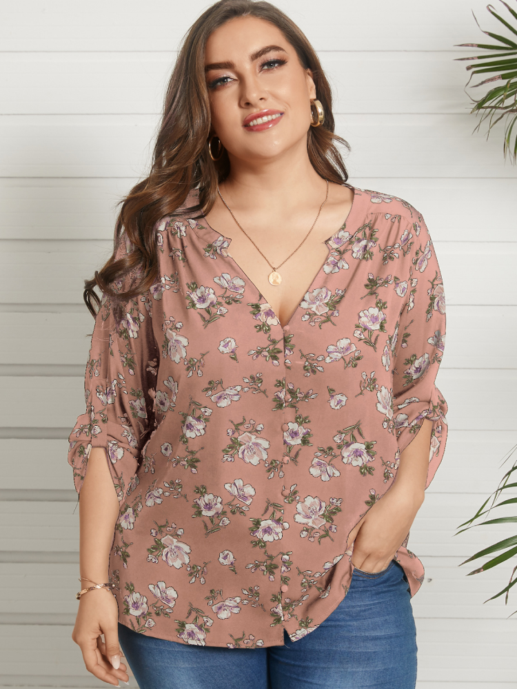 Floral Print V-neck Long Sleeve Plus Size Shirt for Women